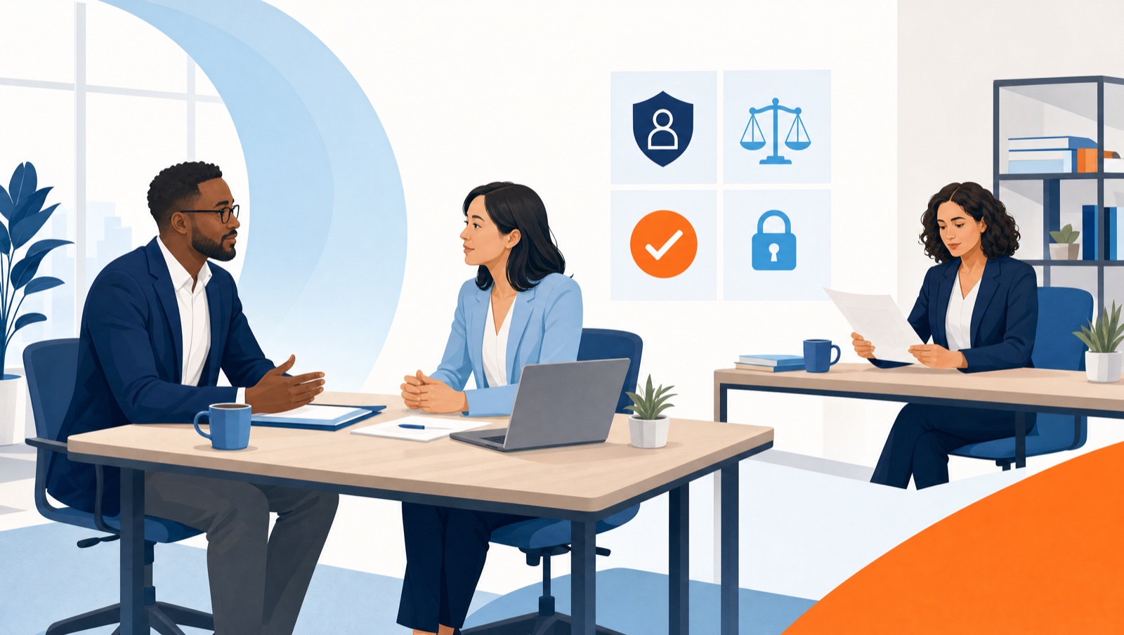 HR leader reviewing a workplace relationship policy with two employees