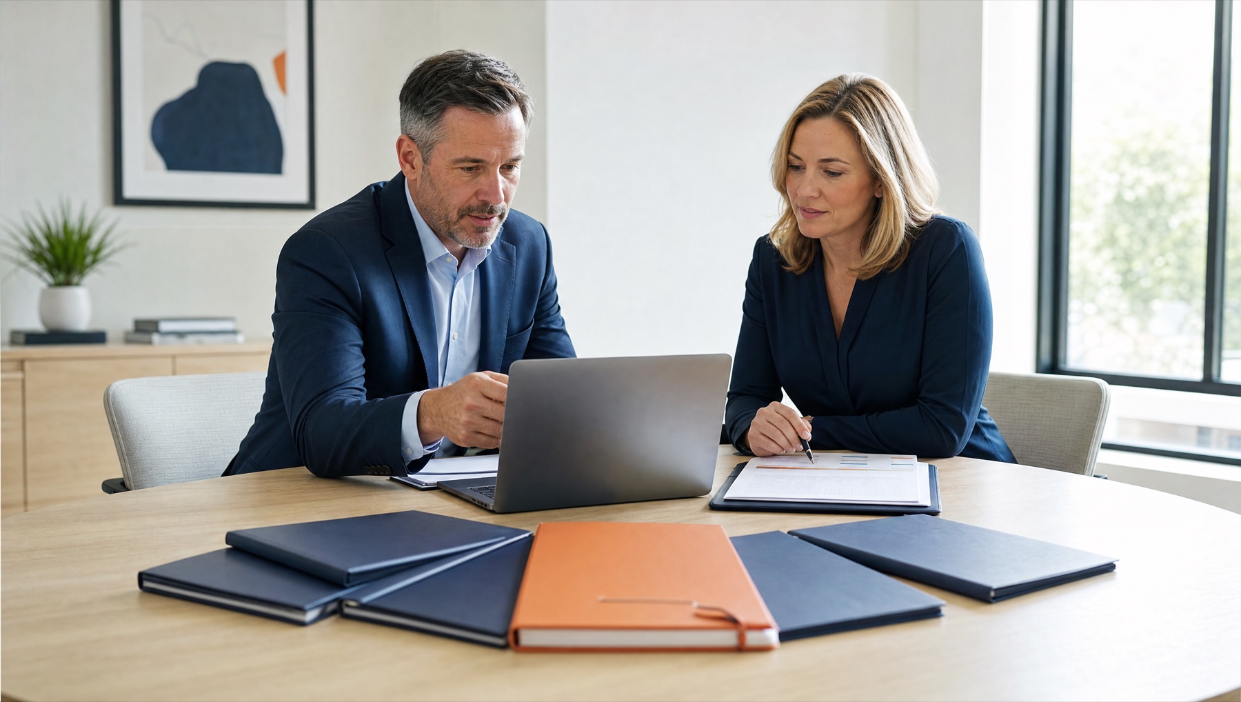 HR and benefits leaders reviewing retirement plan documents in a bright office