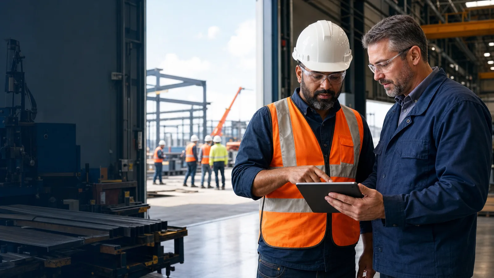 Construction superintendent and manufacturing operations manager reviewing workforce data on a tablet