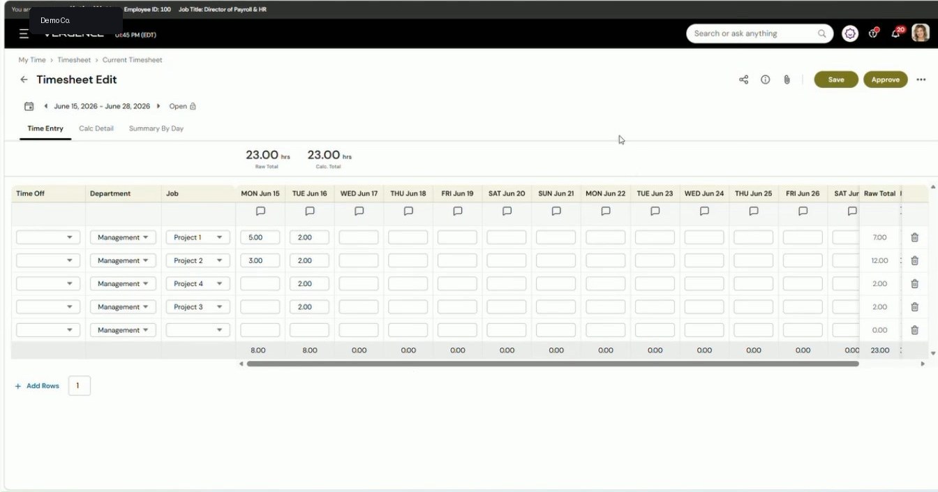 UKG Ready timesheet detail screen for job-site time review