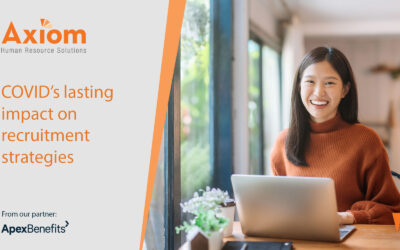 Axiom Human Resource Solutions graphic featuring a smiling woman at a laptop, with text highlighting COVID's lasting impact on recruitment strategies, emphasizing HR solutions and insights.