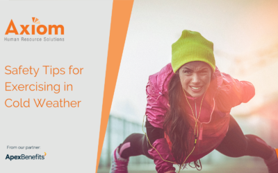 Axiom Human Resource Solutions graphic featuring a woman exercising outdoors in cold weather, highlighting safety tips for winter workouts, with branding elements and partnership mention from ApexBenefits.