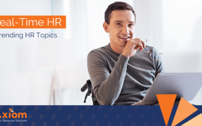 Man smiling while holding glasses, showcasing Axiom Human Resource Solutions branding and "Real-Time HR" title, emphasizing trending HR topics.