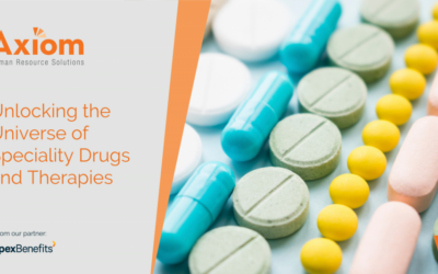 Axiom Human Resource Solutions graphic featuring various specialty drugs and therapies, highlighting the theme of unlocking the universe of pharmaceuticals.