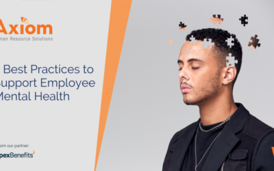 Axiom Human Resource Solutions graphic featuring a man with puzzle pieces representing mental health, alongside text on best practices to support employee mental health.