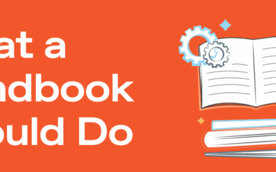 Illustration of an open employee handbook with gears, highlighting the importance of handbooks in organizational management and employee engagement.