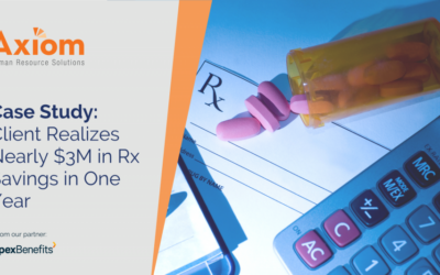 Axiom Human Resource Solutions case study highlighting nearly $3M in Rx savings, featuring a calculator, prescription bottle, and Rx paperwork.
