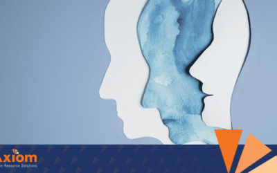 Illustration of three overlapping human profiles with a watercolor design, symbolizing mental health awareness in the workplace, featuring Axiom Human Resource Solutions branding.