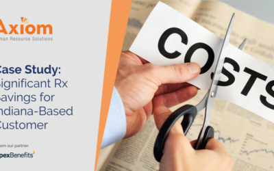 Axiom case study highlighting significant Rx cost savings with scissors cutting the word "COSTS" on a financial document.