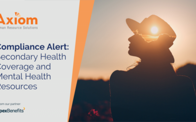 Axiom Human Resource Solutions Compliance Alert graphic featuring text about Secondary Health Coverage and Mental Health Resources, with a silhouette of a person wearing a hat against a sunset background.