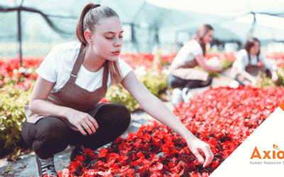 Young woman tending to vibrant red flowers in a greenhouse, with other workers in the background, emphasizing recruitment of high school students for landscaping roles, Axiom Human Resource Solutions branding visible.