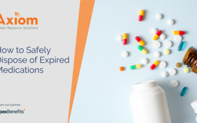 Axiom Human Resource Solutions graphic on safe disposal of expired medications with colorful pills and a white bottle.