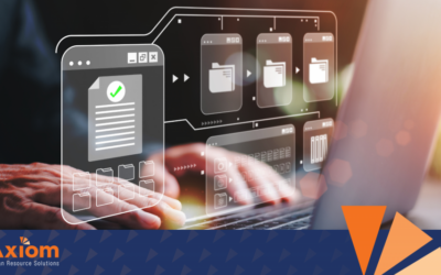 Hands typing on a laptop with digital document management interface, highlighting HR solutions and OSHA compliance, Axiom Human Resource Solutions branding.