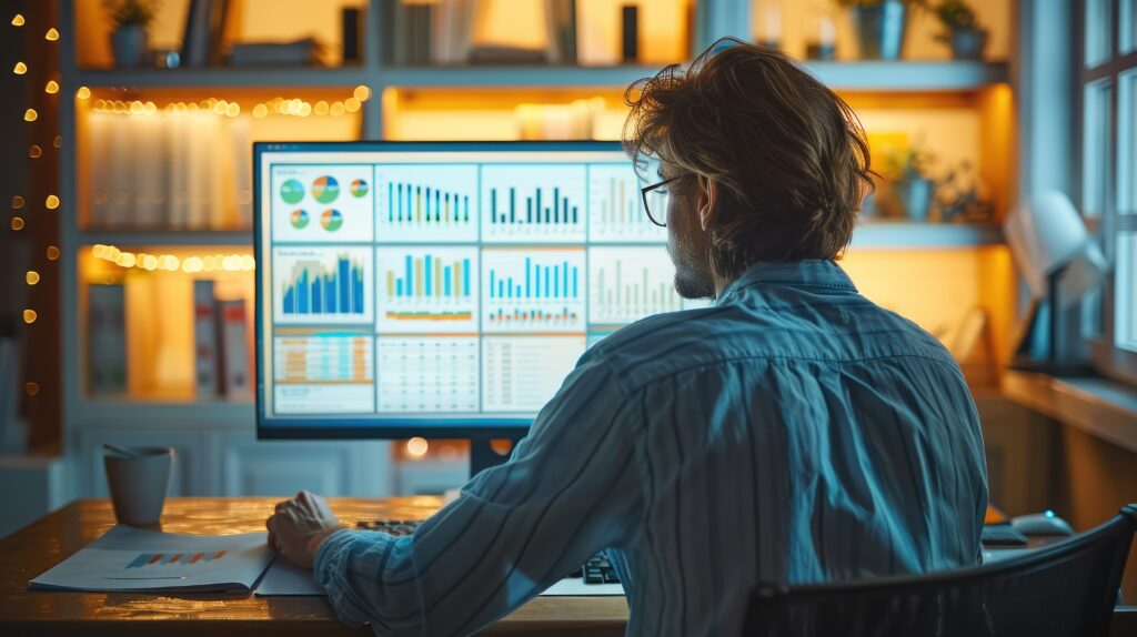 A small business owner reviewing intricate data analytics on a desktop monitor, making sure he is adhering to payroll regulations in 2025.