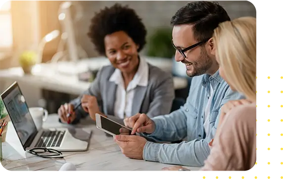 Smiling human relations coworkers with animated screenshot of UKG software dashboard.