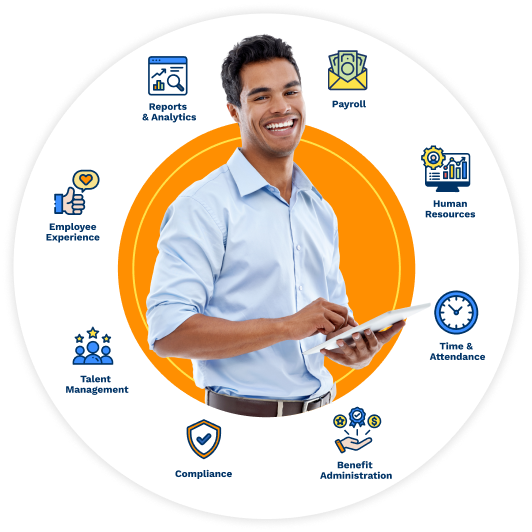 Smiling professional holding a tablet surrounded by icons representing HR functions, including payroll, compliance, employee experience, and benefit administration.