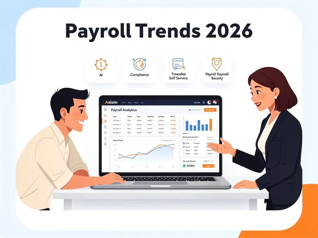 Payroll professional reviewing 2026 payroll trends, compliance data, AI payroll tools, and workforce management insights on a modern dashboard.