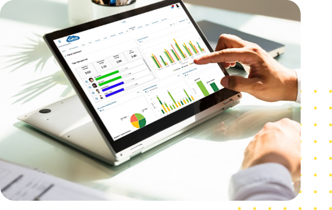 Smiling human relations coworkers with animated screenshot of UKG software dashboard.