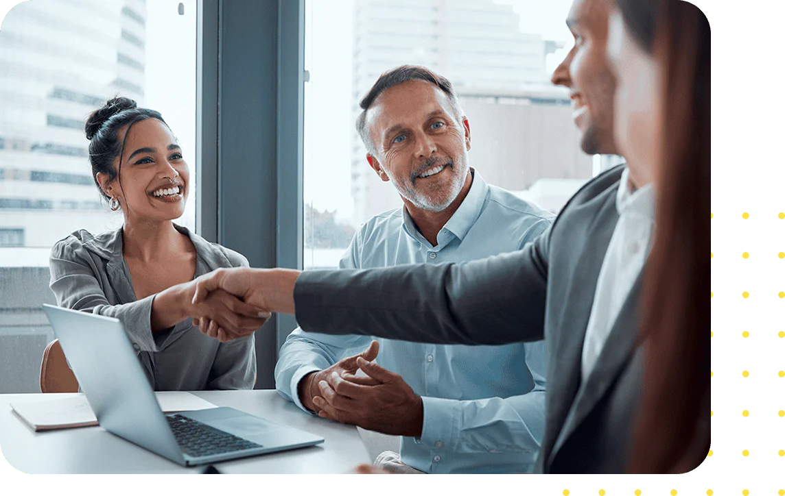 Smiling human relations coworkers with animated screenshot of UKG software dashboard.
