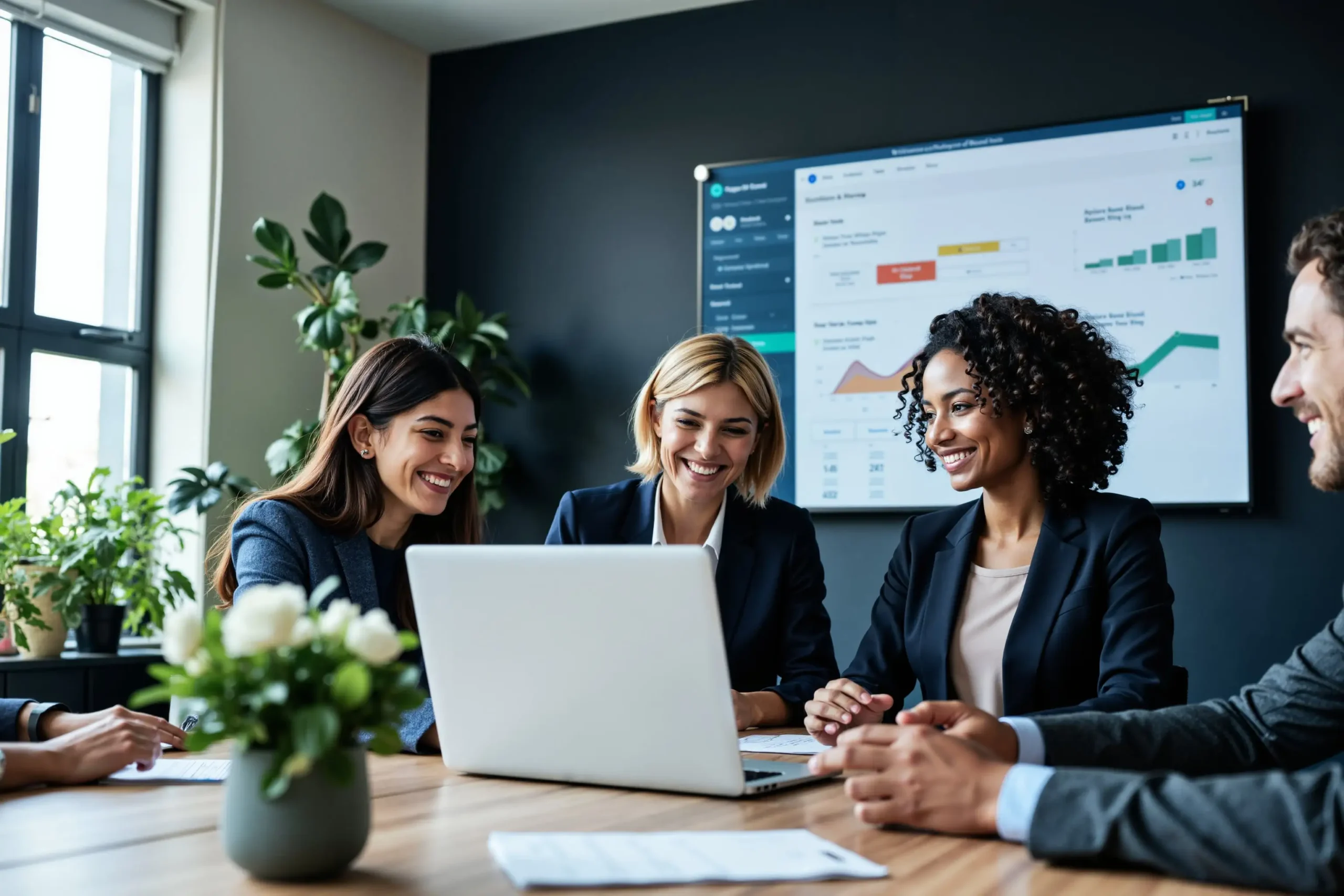 Group of professionals gathered around a laptop reviewing payroll trends.