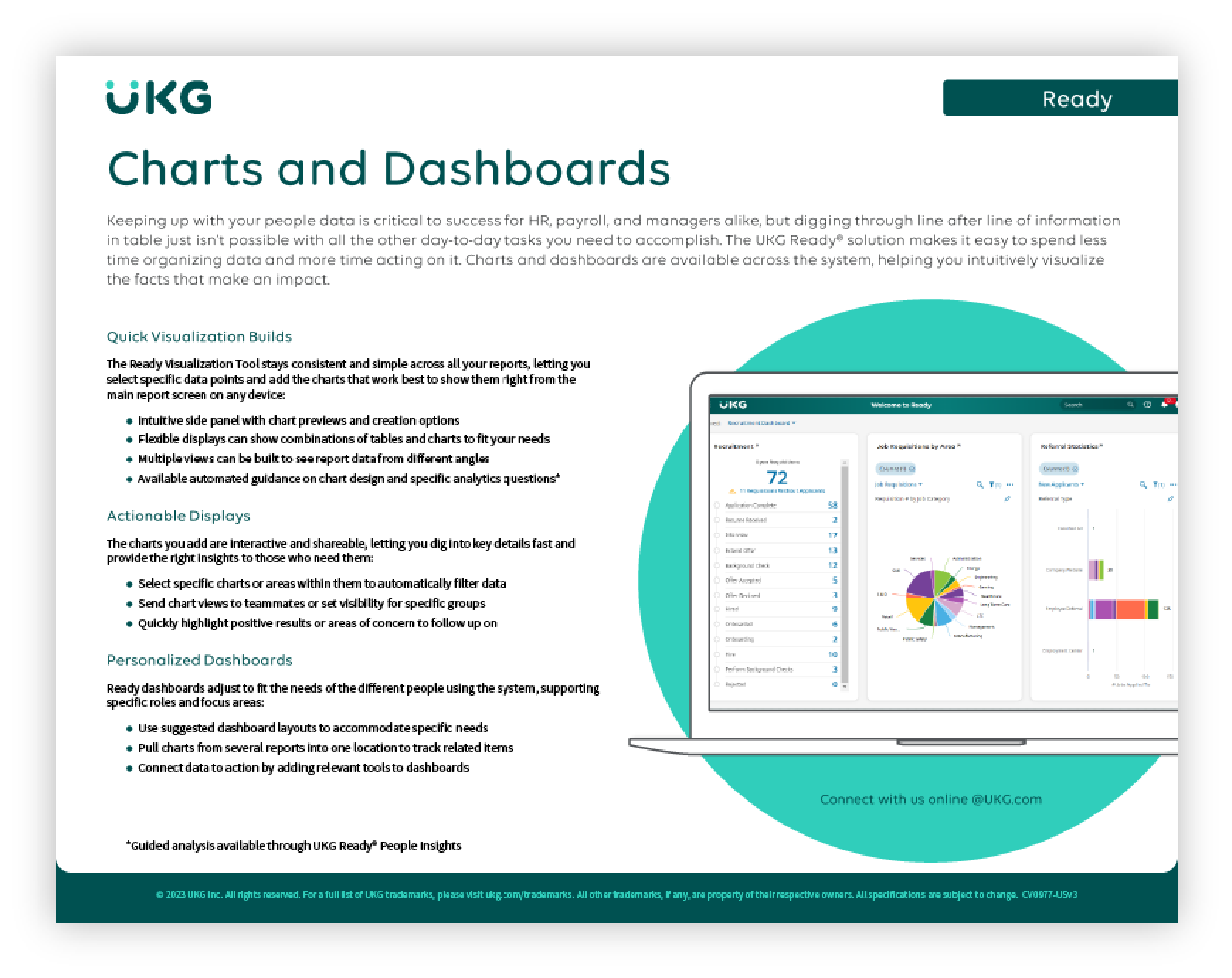 Charts & Dashboards@300x Charts and dashboards interface showcasing UKG Ready data visualization tools for HR management, highlighting actionable displays and personalized dashboards.