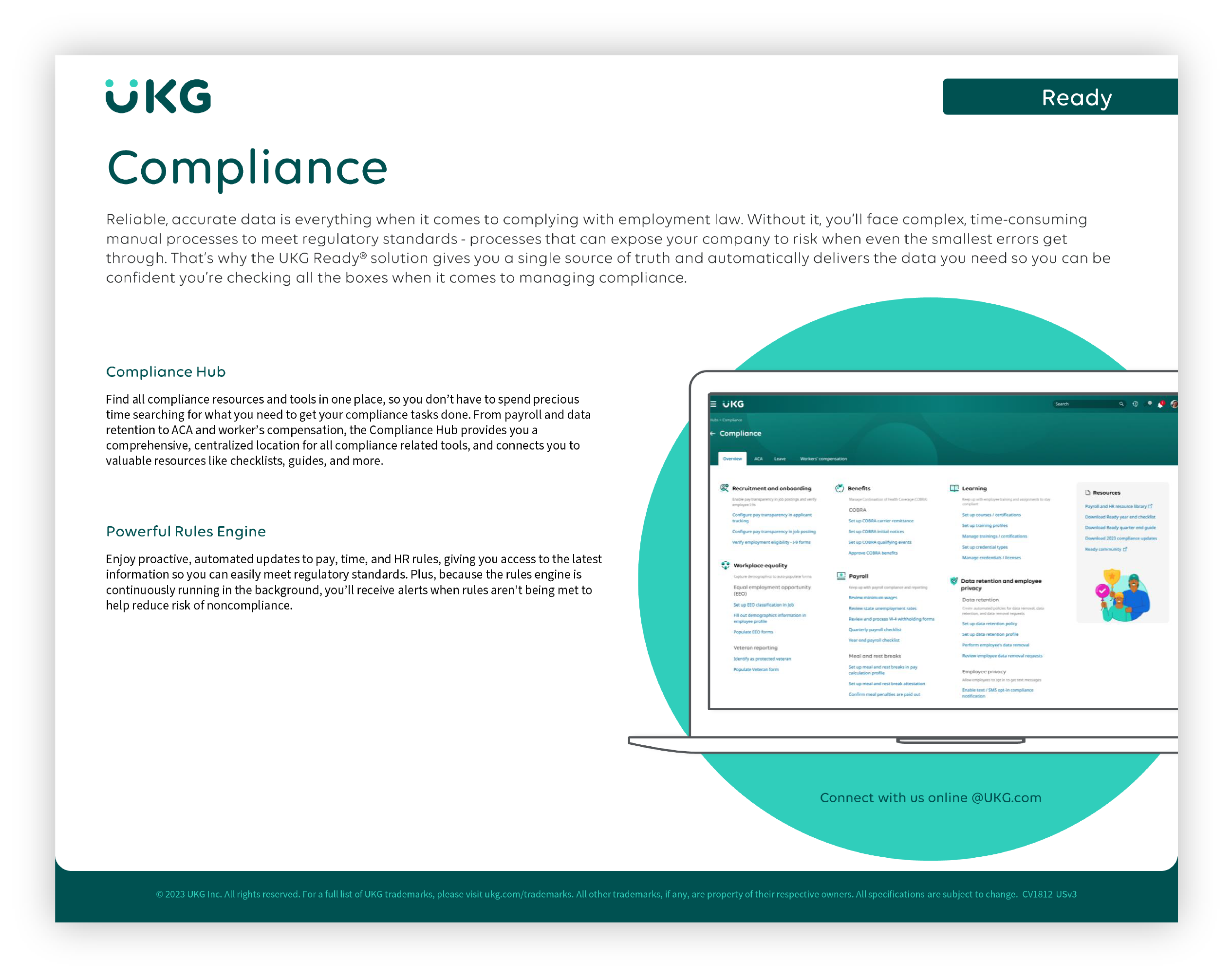 Compliance_1@300x UKG compliance product guide featuring a laptop displaying the Compliance Hub interface, showcasing resources and tools for HR compliance management.