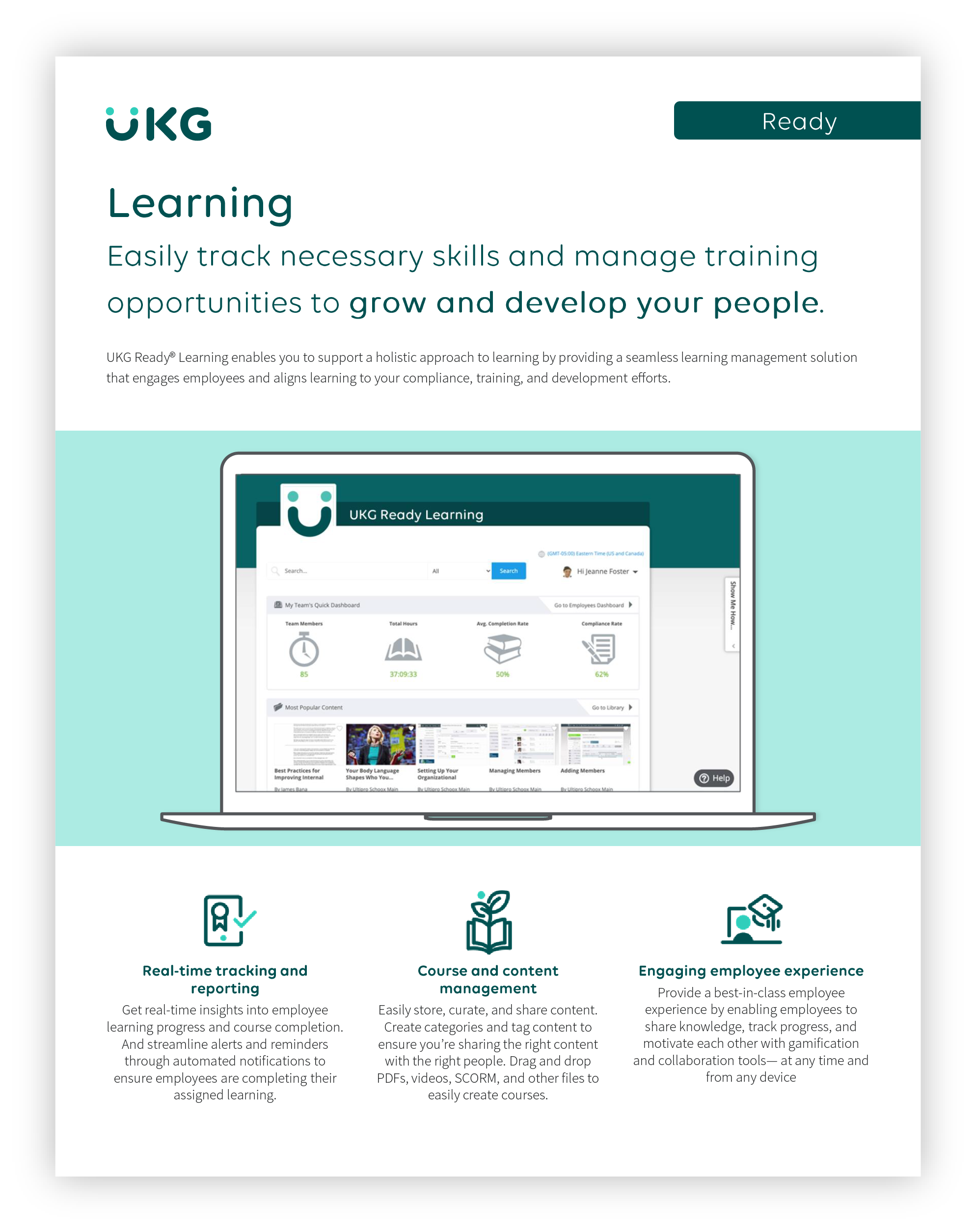 Learning@300x UKG Ready Learning interface showcasing features for tracking skills, managing training opportunities, and enhancing employee development.