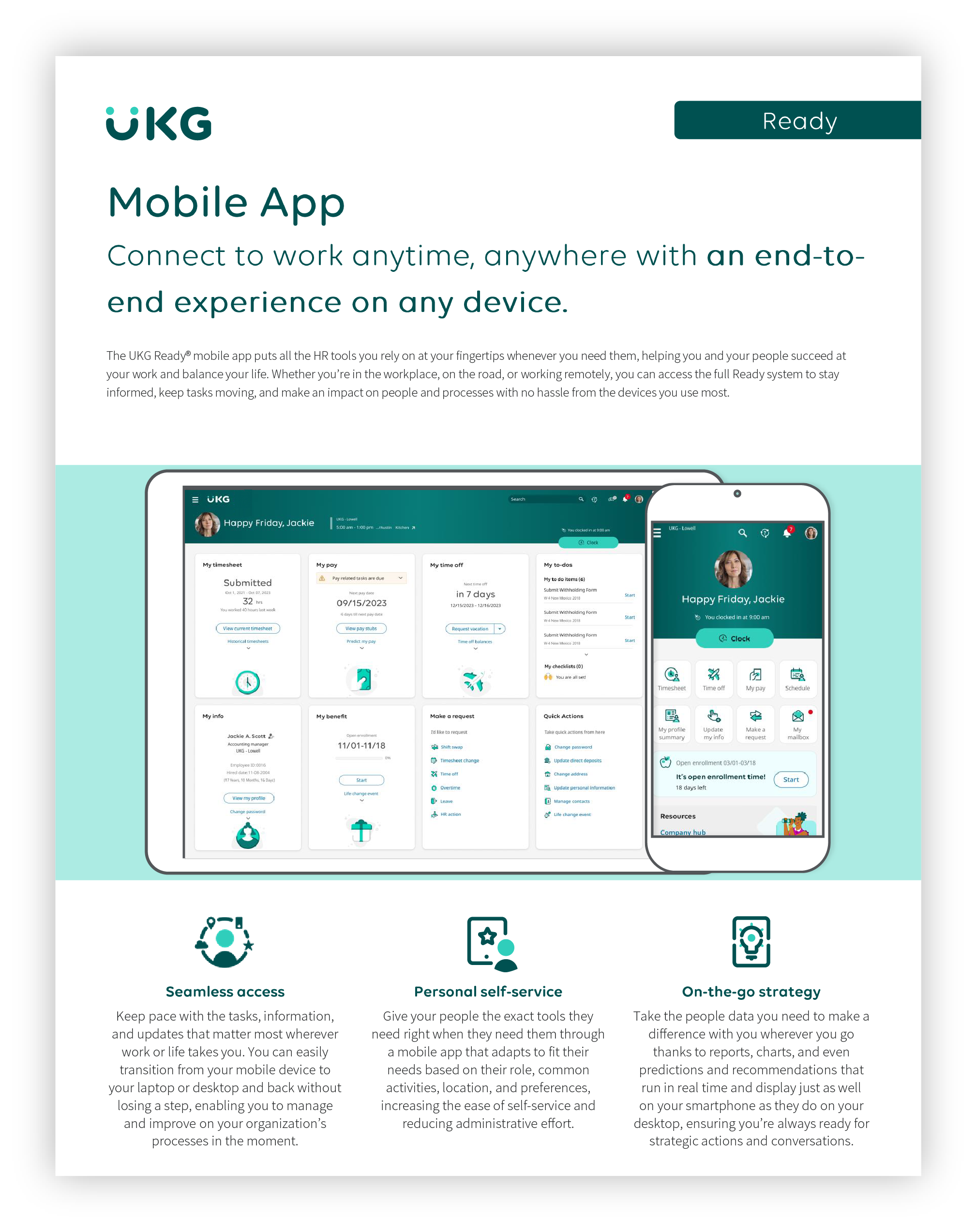 Mobile app@300x UKG mobile app interface showcasing HR tools for seamless access, personal self-service, and on-the-go strategy, emphasizing user engagement and productivity.