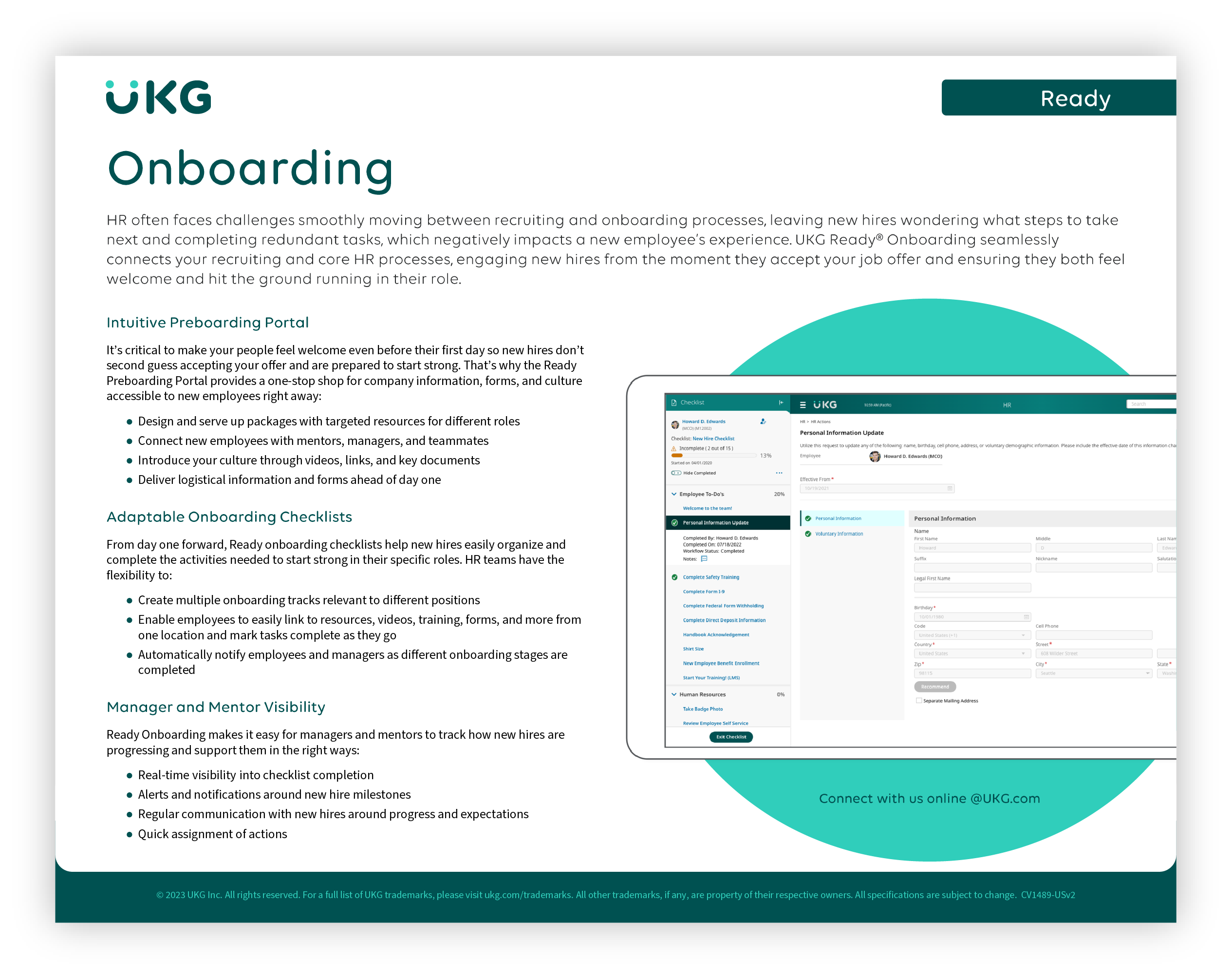Onboarding@300x Onboarding interface of UKG software showcasing preboarding portal, adaptable checklists, and manager visibility features for HR processes.
