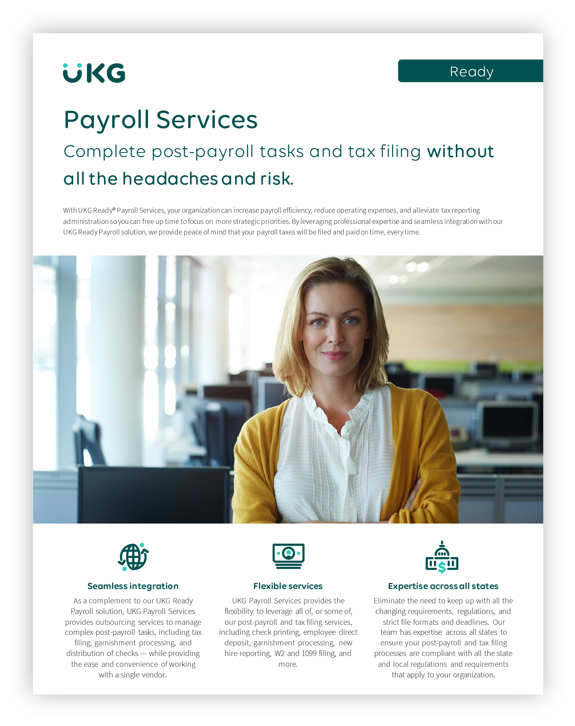 Payroll Services@300x UKG Payroll Services promotional image featuring a woman smiling in a bright office setting, emphasizing efficiency and ease in post-payroll tasks and tax filing.