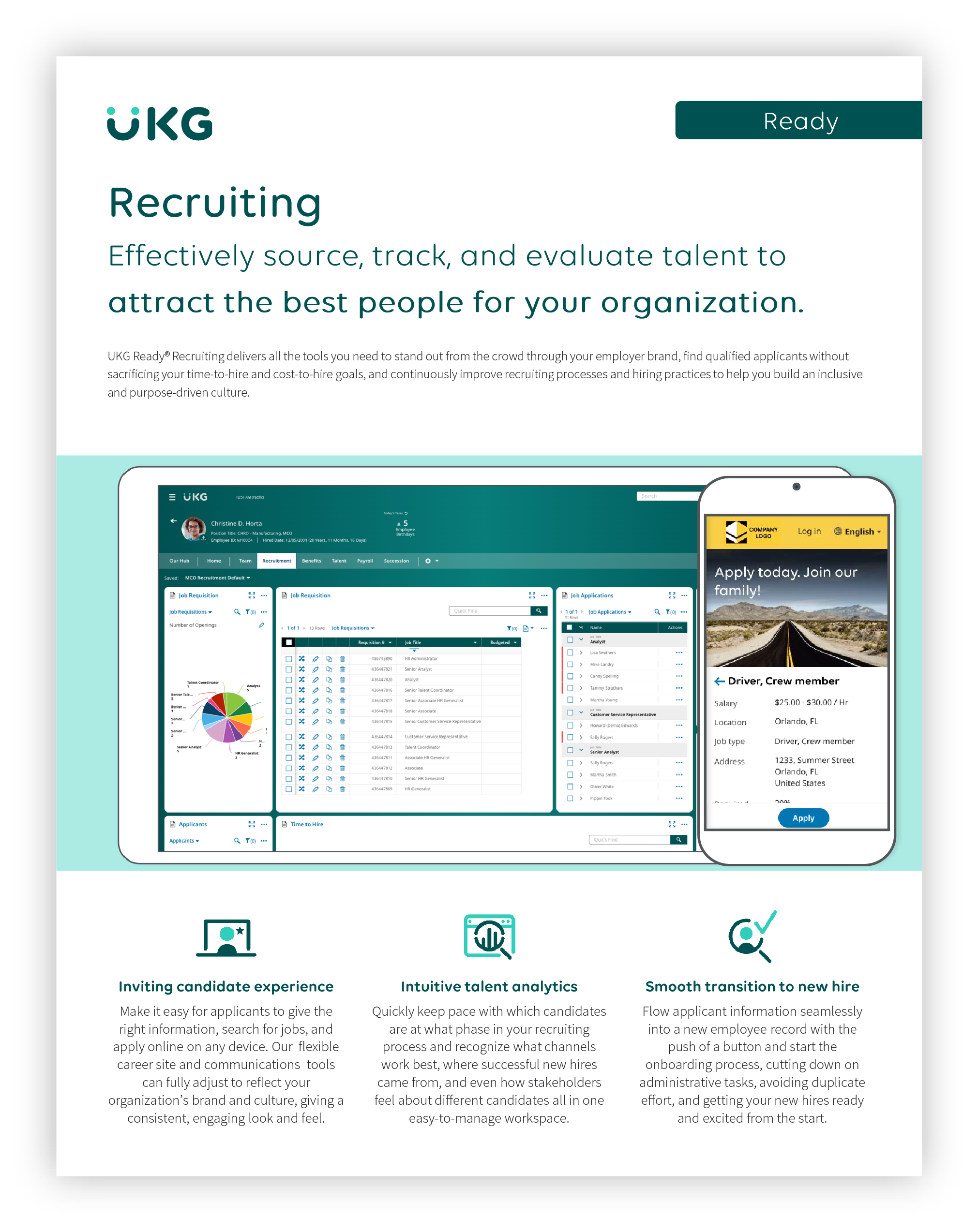 Recruiting@300x UKG Ready Recruiting product guide showcasing tools for sourcing, tracking, and evaluating talent, featuring job application analytics and mobile application interface.