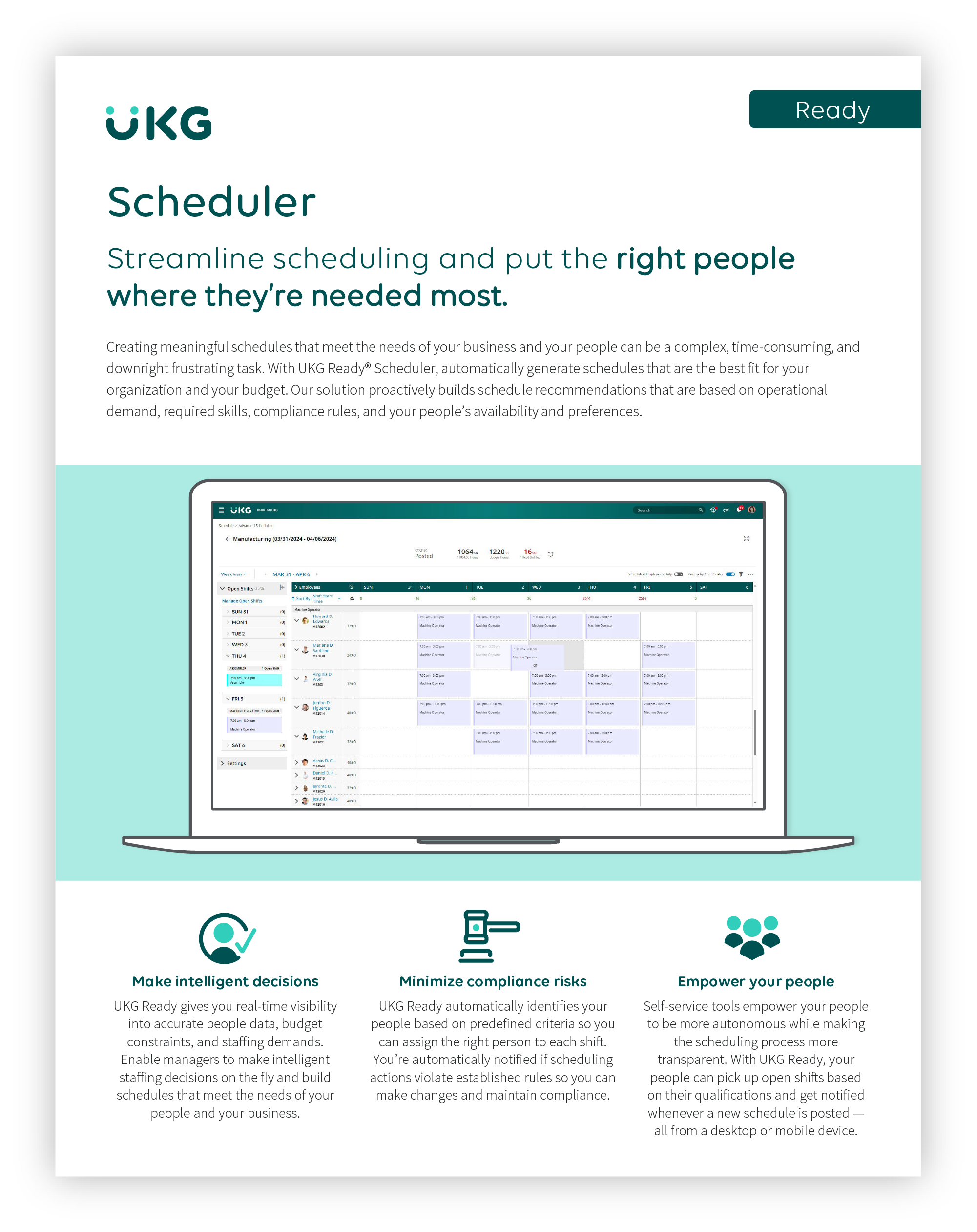 Scheduler@300x UKG Ready Scheduler interface on a laptop screen, showcasing a scheduling calendar with features for managing workforce scheduling, compliance, and staffing decisions.