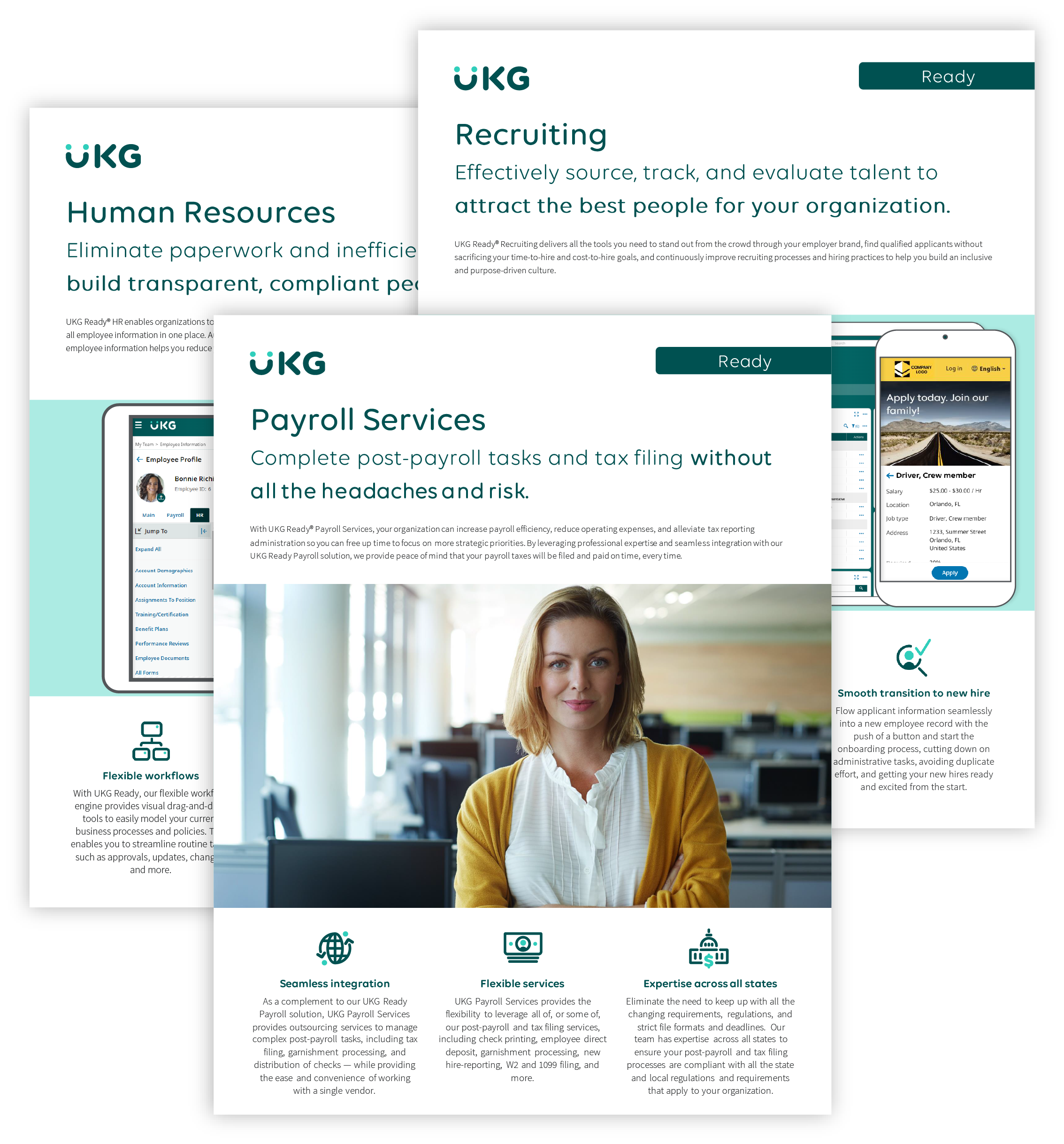 UKG product overview featuring human resources, payroll services, and recruiting solutions, with a focus on efficiency and compliance for HR leaders.