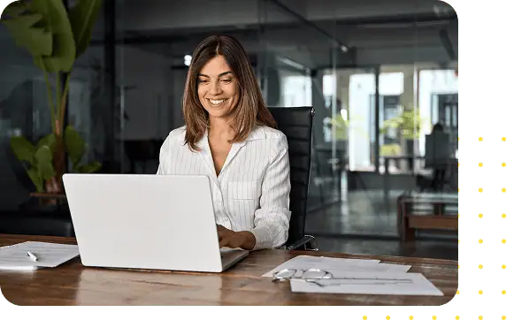 Smiling human relations coworkers with animated screenshot of UKG software dashboard.