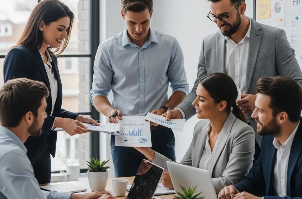 Business professionals collaborating on HR strategies, reviewing documents and charts in a modern office setting, emphasizing teamwork and strategic planning for HR outsourcing.