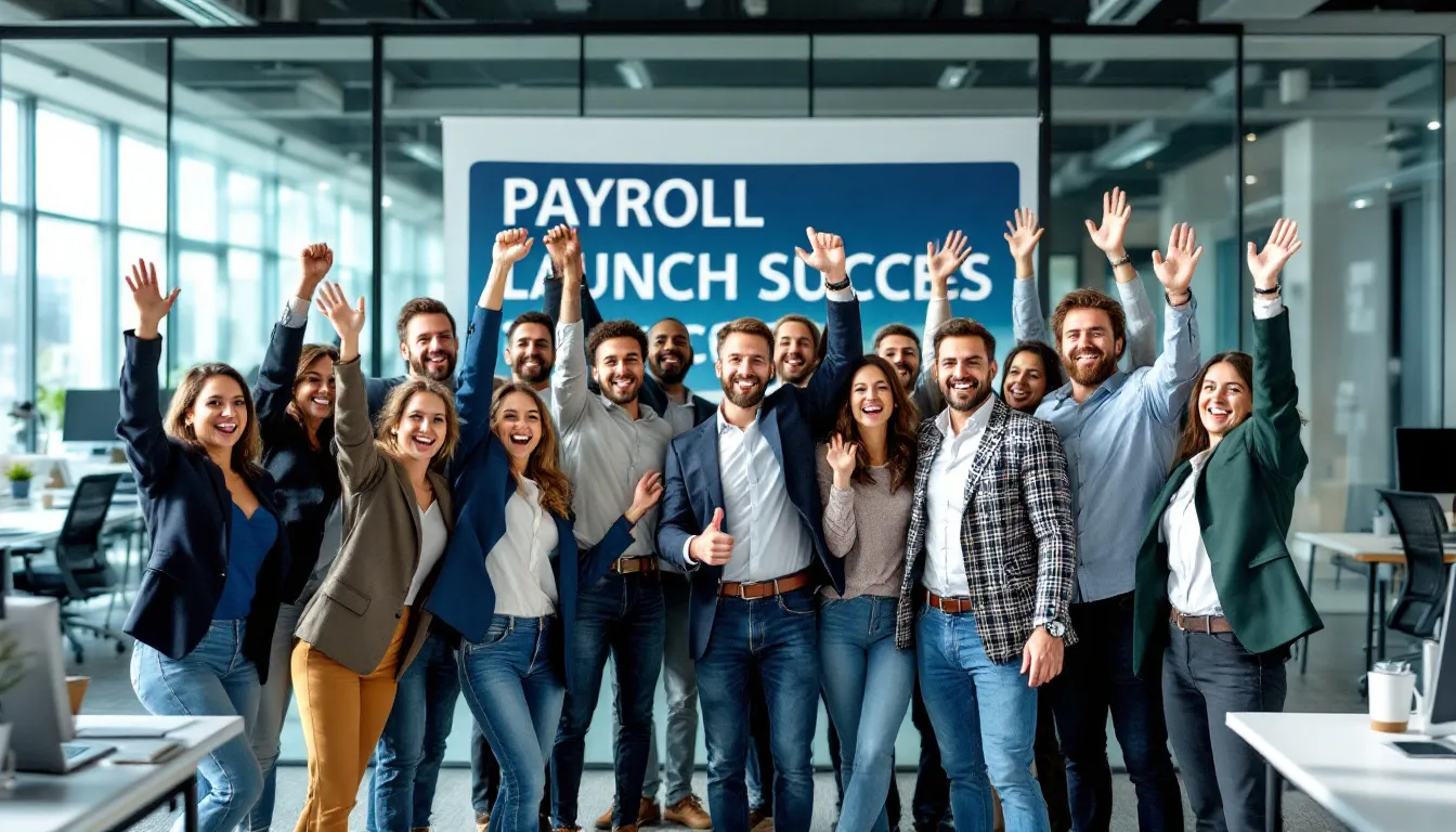 How to Switch Payroll Providers: A Complete Step-by-Step Guide for 2025 5 How to Switch Payroll Providers In the image, a diverse team of professionals is joyfully celebrating their successful implementation of a new payroll system, which streamlines small business payroll processing. They are gathered around a table, smiling and raising their hands in excitement, symbolizing the relief of efficiently managing payroll taxes and ensuring compliance with tax filing requirements.