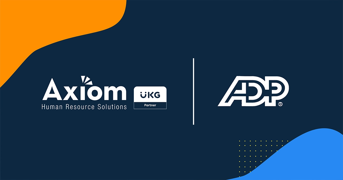 UKG vs ADP Axiom Human Resource Solutions logo alongside UKG and ADP logos, representing a comparison of HR and payroll solutions.