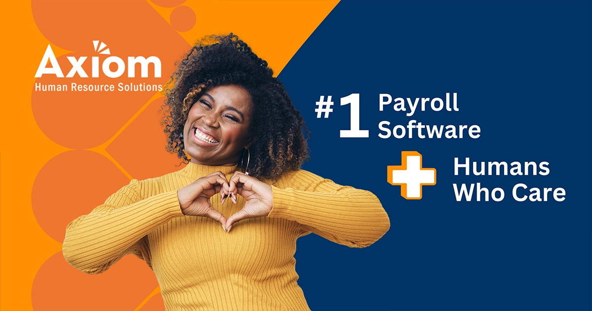 Axiom Human Resource Solutions logo with a smiling woman in a yellow sweater forming a heart shape with her hands, promoting local payroll services and emphasizing personalized care for Indiana businesses.