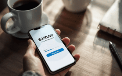 Person holding smartphone displaying Earned Wage Access interface with $250 balance, coffee cup and notebook in background.