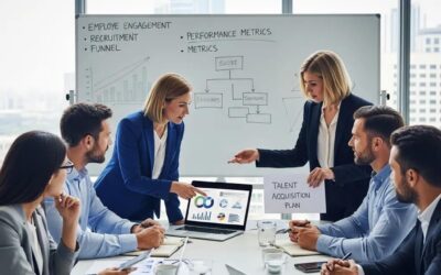 Diverse business professionals collaborating on HR strategies in an office setting, discussing talent acquisition plans and performance metrics.