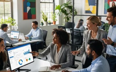 Diverse professionals collaborating in a modern office, discussing human capital management solutions, with graphs and data displayed on a computer screen.