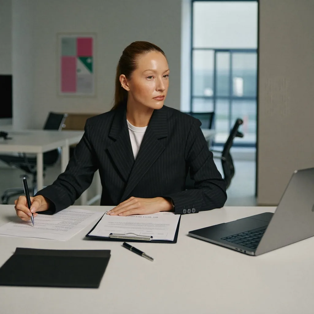 HR professional managing healthcare payroll compliance documents in a modern office