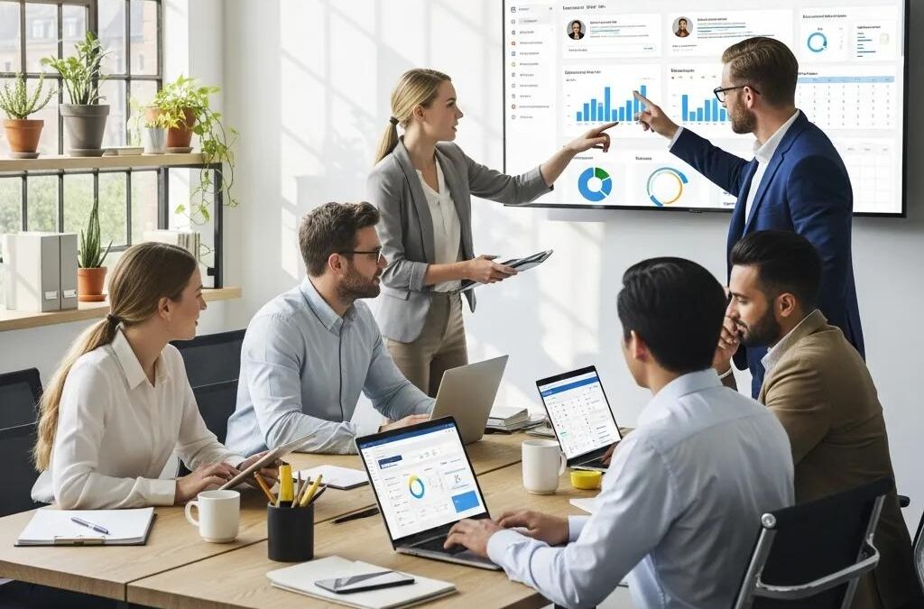 HR professionals collaborating in a modern office, discussing HRIS efficiency with charts and data displayed on a screen, emphasizing teamwork and strategic decision-making.