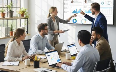HR professionals collaborating in a modern office, discussing HRIS efficiency and data analytics, with laptops and a presentation screen displaying charts and graphs.