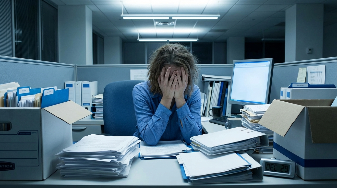 HR manager stressed during year-end payroll and open enrollment season