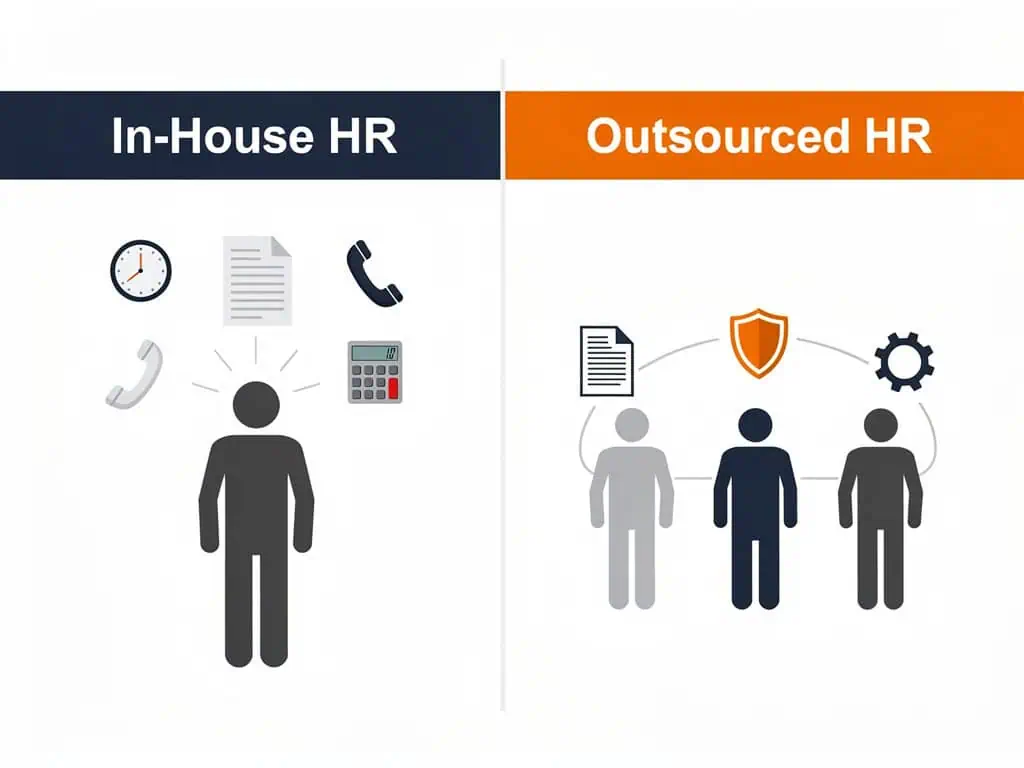 "Side by side comparison of in-house HR versus outsourced HR for mid-market businesses"