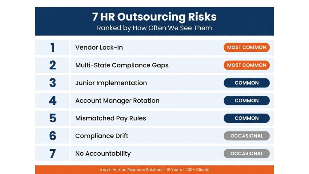 Infographic ranking the seven most common HR outsourcing risks by frequency observed across mid-market engagements