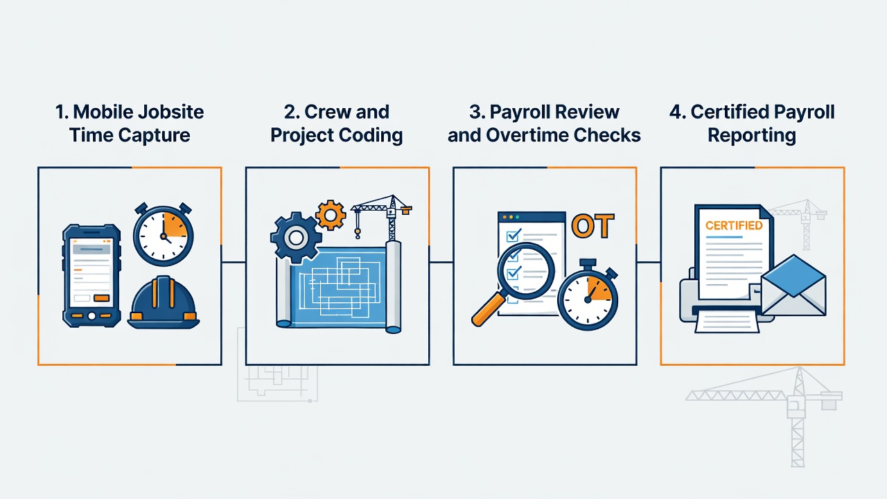 Construction payroll workflow from mobile time capture to payroll review and HR support