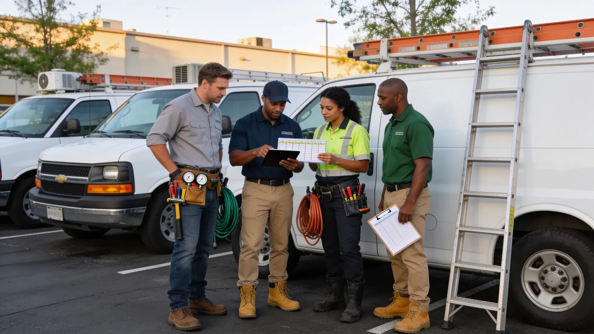 Field service crew reviewing schedules and time entries beside service vans