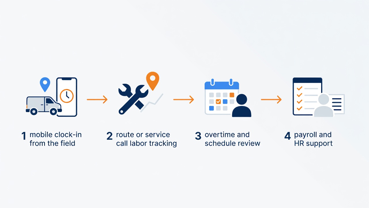 Field service payroll workflow from mobile time capture to payroll review and HR support